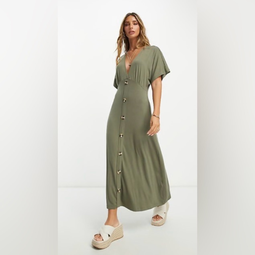 NWT ASOS DESIGN flutter sleeve midi tea dress with buttons Khaki green